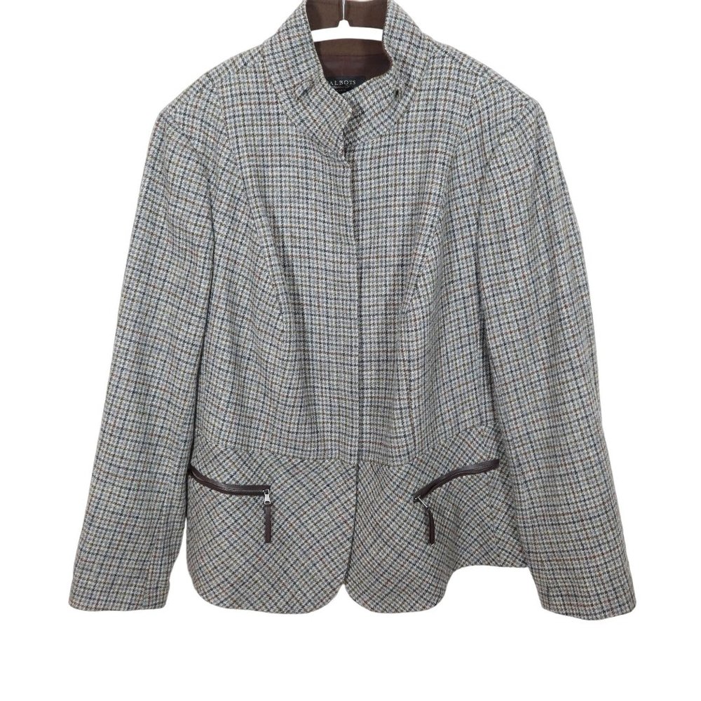 TALBOTS Equestrian Faux Leather Trim Neutral Plaid Wool Blend Zip Jacket 16W